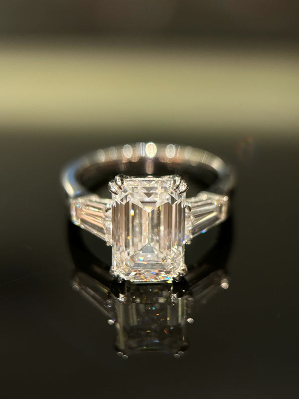 Emerald Cut Diamond Ring | IGI Certified, D Color, VS2 Clarity, Three-Stone Design 5-Carat