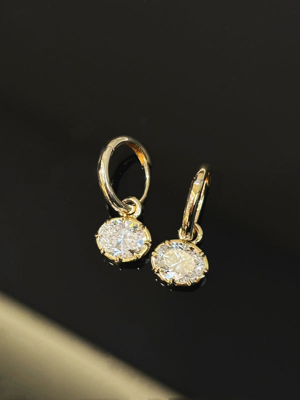 Designer Oval Diamond Drop Earrings | 1ct+ DEF VVS-VS | White & Yellow Gold | Dulci Diamond