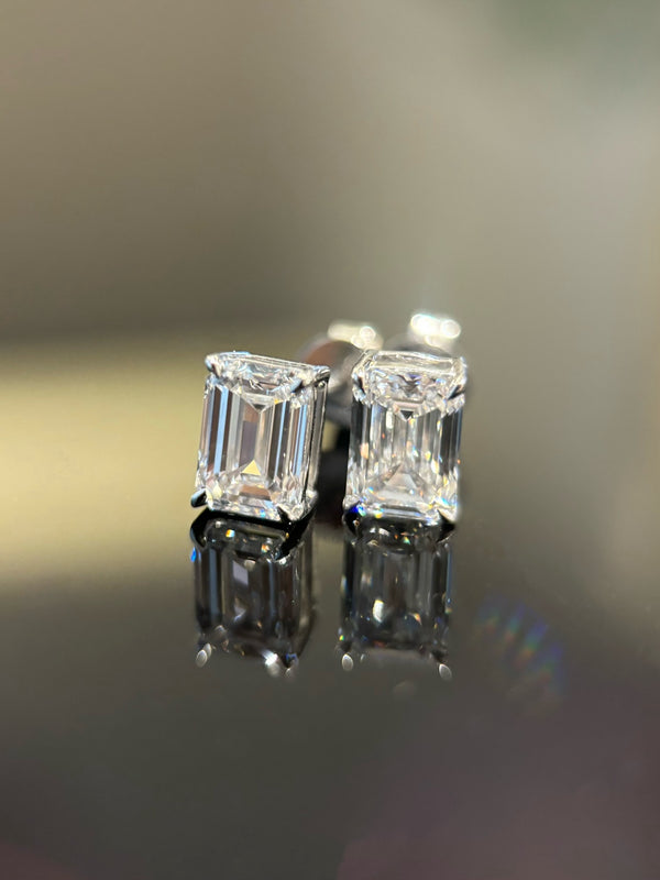 Matched Pair Emerald Cut Diamond Stud Earrings | 1ct+ DEF VS-VVS | Four-Prong Setting | Dulci Diamond