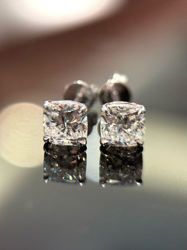 Matched Pair Cushion Cut Diamond Stud Earrings | 1ct DEF VS-VVS | Dulci Diamond