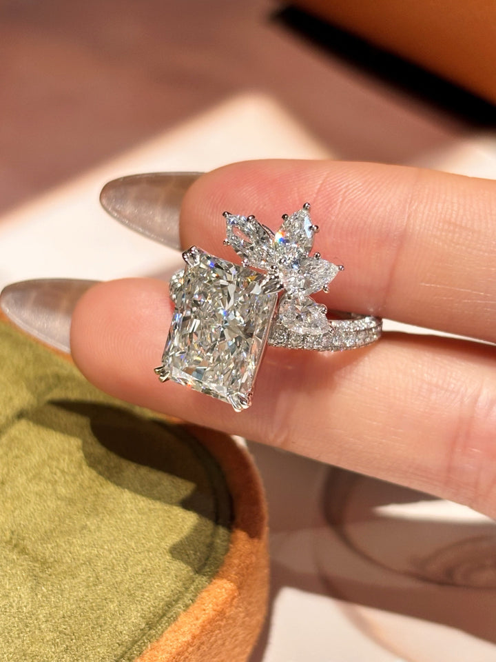 Radiant Cut Lab Grown Diamond Ring with Pavé Band & Floral Accents | P ...