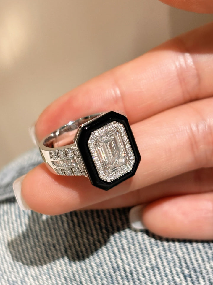 Men’s Lab Grown Diamond Ring |Emerald Lab Gemstone Ring with Onyx & Di ...