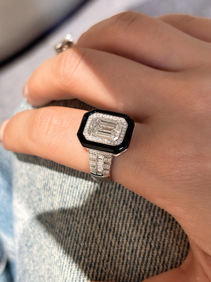 Men’s Lab Grown Diamond Ring |Emerald Lab Gemstone Ring with Onyx & Di ...