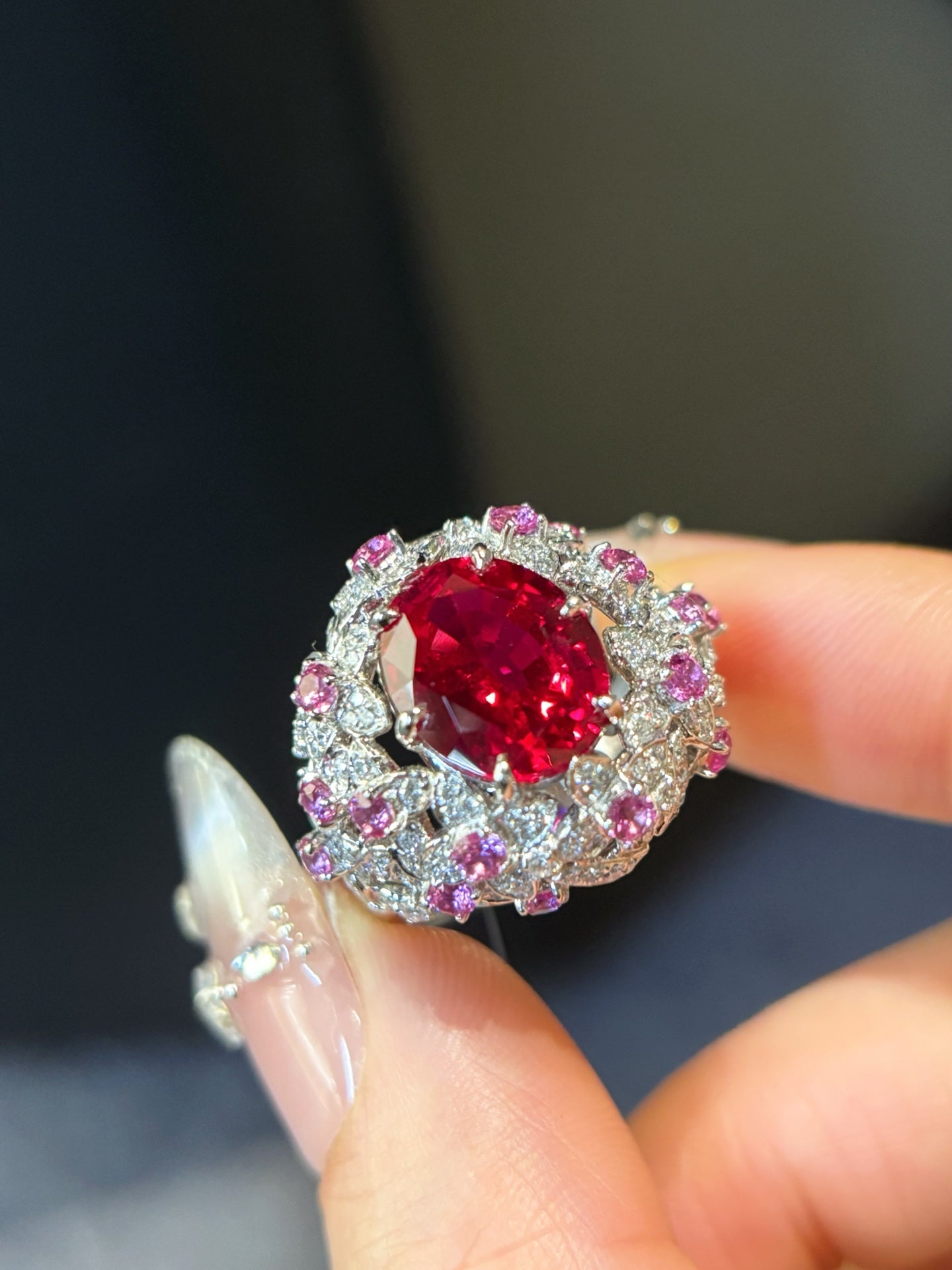 Oval Lab Ruby Ring | Luxury Halo with Diamonds & Pink Sapphire | Plati ...