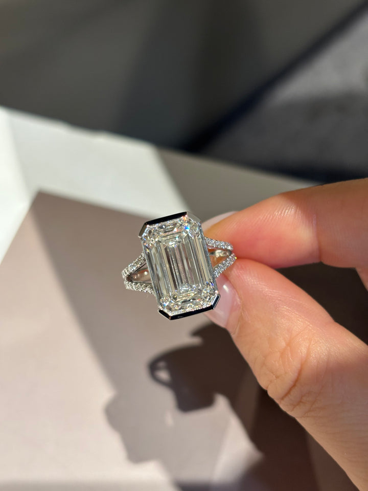 Half Bezel Emerald Cut Lab Grown Diamond Ring | Split Shank with Hidde ...